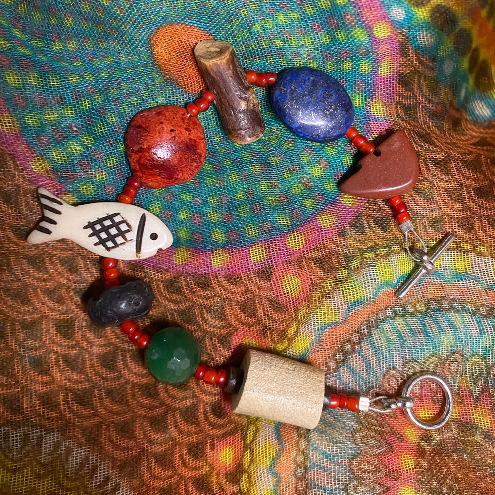 🌟 Boho Mixed-Media Artisan Bracelet – • Wood • Stone • Lava • Lapis • Jasper